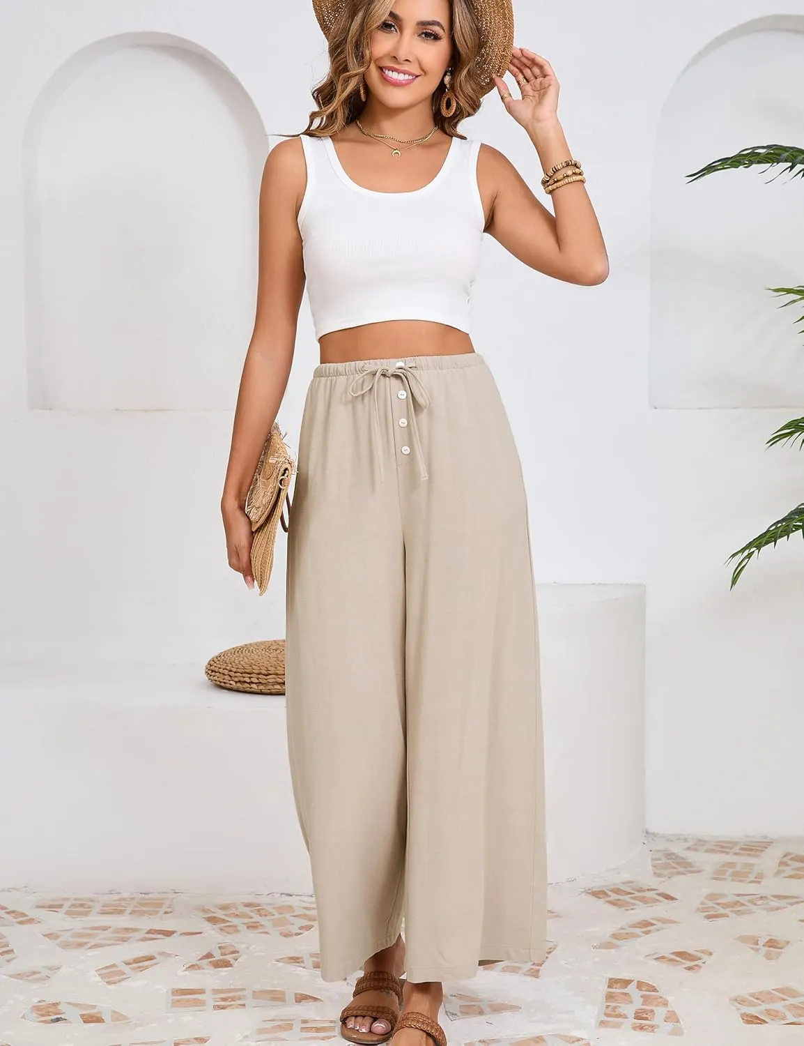 Fiona Jolin Womens Cotton Linen Pants Summer Casual Beach Pants Drawstring Flowy Wide Leg Palazzo Trousers with Pockets
