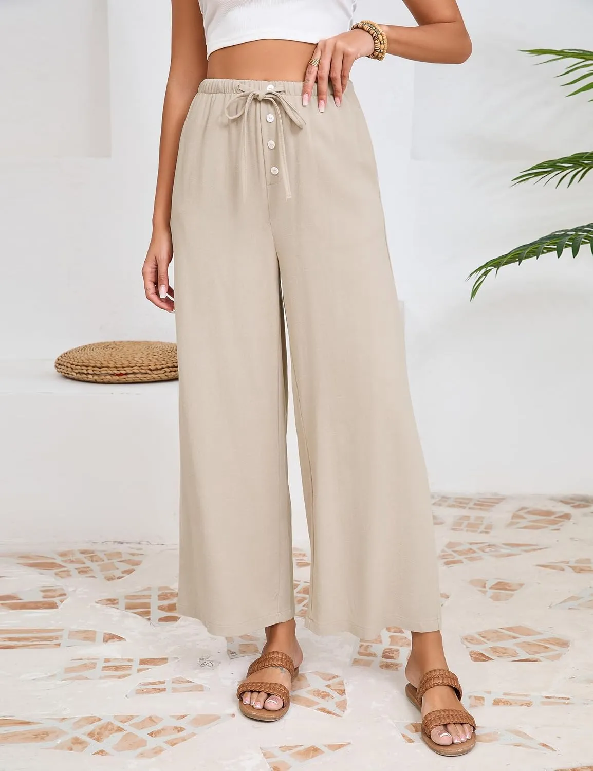 Fiona Jolin Womens Cotton Linen Pants Summer Casual Beach Pants Drawstring Flowy Wide Leg Palazzo Trousers with Pockets