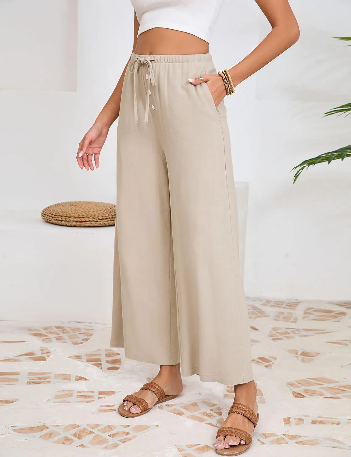 Fiona Jolin Womens Cotton Linen Pants Summer Casual Beach Pants Drawstring Flowy Wide Leg Palazzo Trousers with Pockets