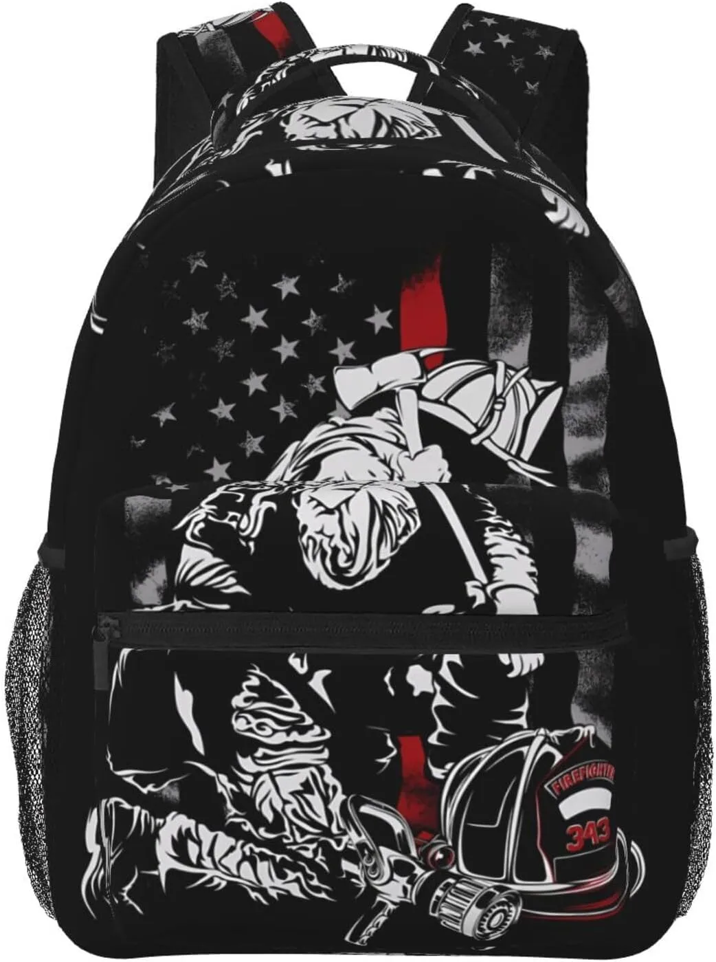Firefighter American Flag Memorial Never Forget Flag Backpack Casual Pack Bag Laptop Backpack With Side Pocket Front Zipper Pocket Bookpack Travel Daypack Picnic Rucksack