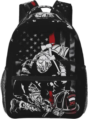 Firefighter American Flag Memorial Never Forget Flag Backpack Casual Pack Bag Laptop Backpack With Side Pocket Front Zipper Pocket Bookpack Travel Daypack Picnic Rucksack