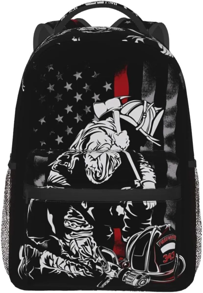 Firefighter American Flag Memorial Never Forget Flag Backpack Casual Pack Bag Laptop Backpack With Side Pocket Front Zipper Pocket Bookpack Travel Daypack Picnic Rucksack