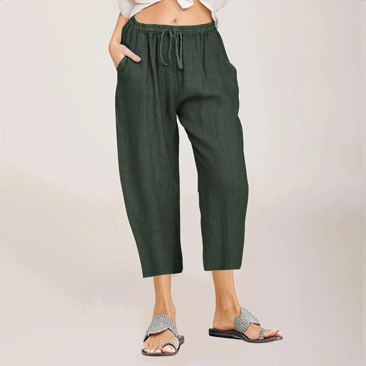 Firzero Linen Pants for Women 2024 Summer Beach Capris Sweatpants Elastic High Waist Yoga Pants Cropped Lounge Pants