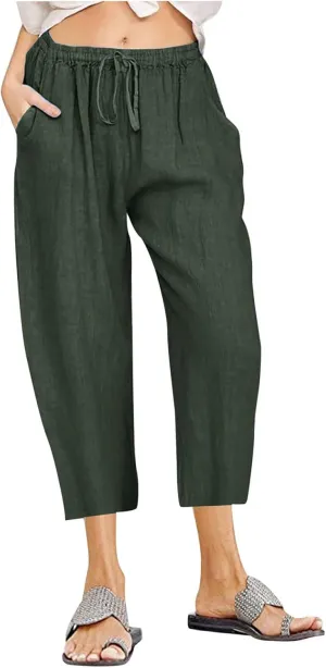 Firzero Linen Pants for Women 2024 Summer Beach Capris Sweatpants Elastic High Waist Yoga Pants Cropped Lounge Pants