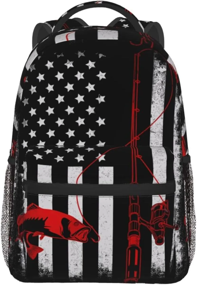 Fishing Fish American Flag Backpack Casual Pack Bag Laptop Backpack With Side Pocket Front Zipper Pocket Bookpack Travel Daypack Picnic Rucksack