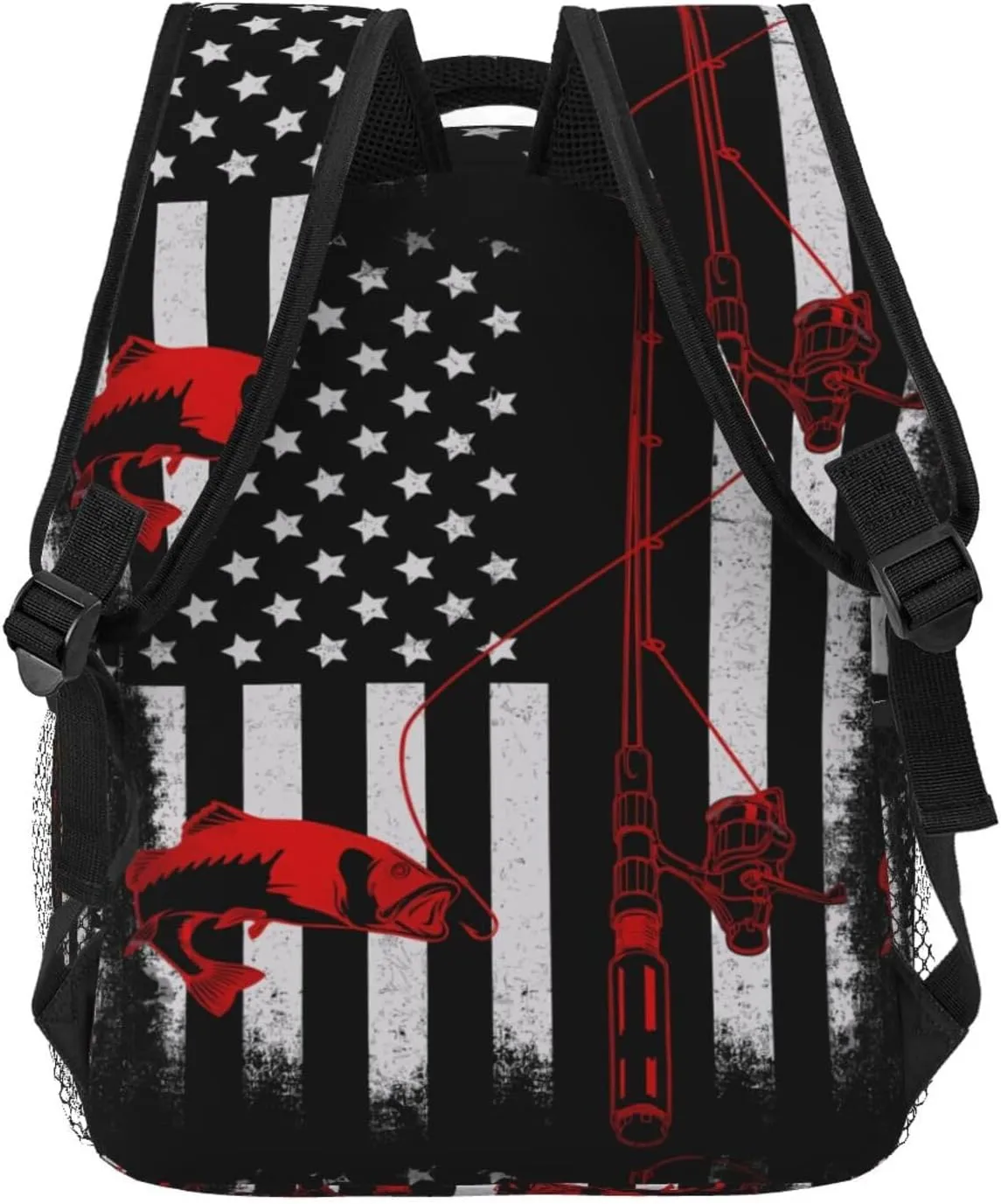 Fishing Fish American Flag Backpack Casual Pack Bag Laptop Backpack With Side Pocket Front Zipper Pocket Bookpack Travel Daypack Picnic Rucksack