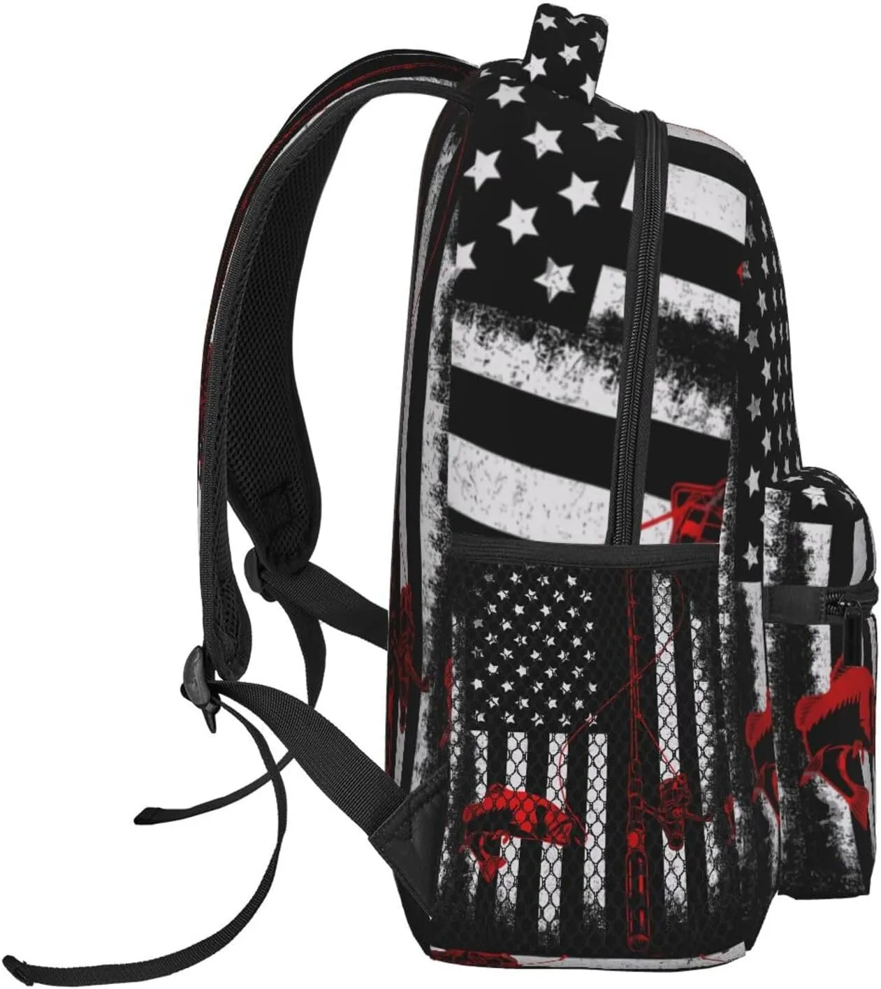 Fishing Fish American Flag Backpack Casual Pack Bag Laptop Backpack With Side Pocket Front Zipper Pocket Bookpack Travel Daypack Picnic Rucksack