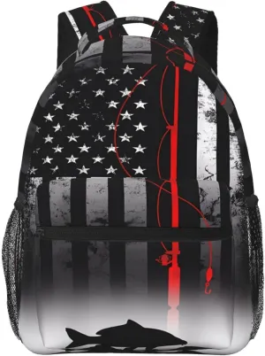 Fishing Pole American Flag Patriotic Fisherman Backpack Casual Pack Bag Laptop Backpack With Side Pocket Front Zipper Pocket Bookpack Travel Daypack Picnic Rucksack