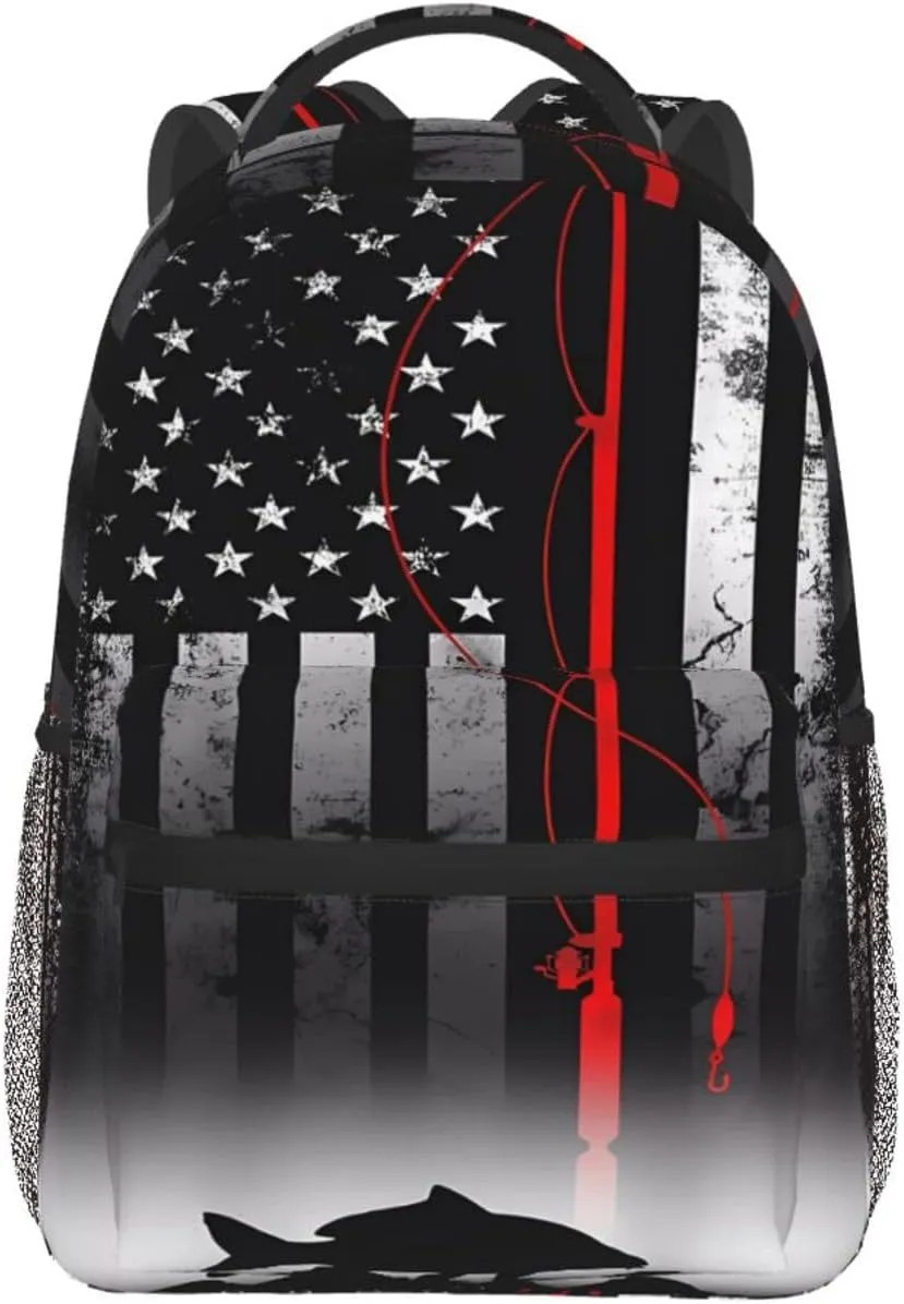 Fishing Pole American Flag Patriotic Fisherman Backpack Casual Pack Bag Laptop Backpack With Side Pocket Front Zipper Pocket Bookpack Travel Daypack Picnic Rucksack