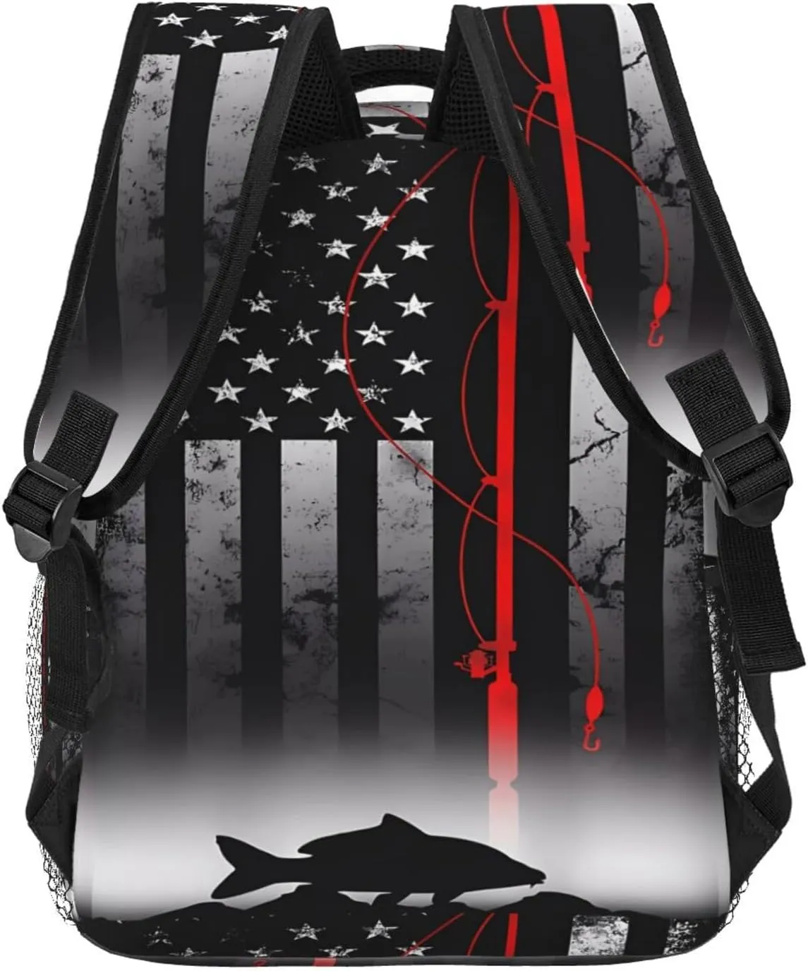 Fishing Pole American Flag Patriotic Fisherman Backpack Casual Pack Bag Laptop Backpack With Side Pocket Front Zipper Pocket Bookpack Travel Daypack Picnic Rucksack