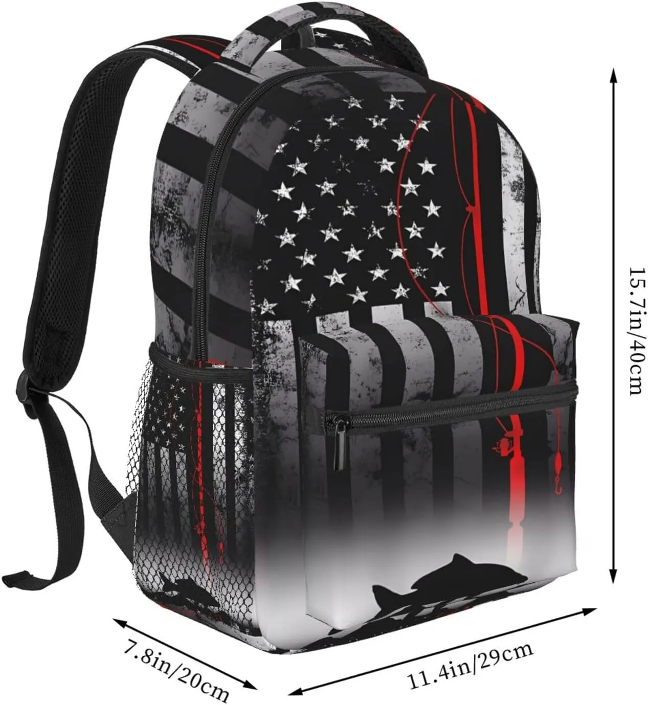 Fishing Pole American Flag Patriotic Fisherman Backpack Casual Pack Bag Laptop Backpack With Side Pocket Front Zipper Pocket Bookpack Travel Daypack Picnic Rucksack