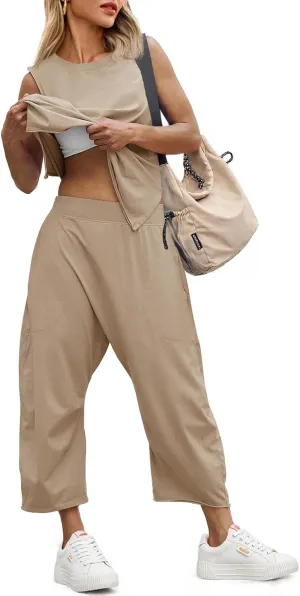 Fisoew Women's Summer 2 Piece Outfits Sleeveless Tank Tops and Wide Leg Pocketed Pants Workout Sweat Sets