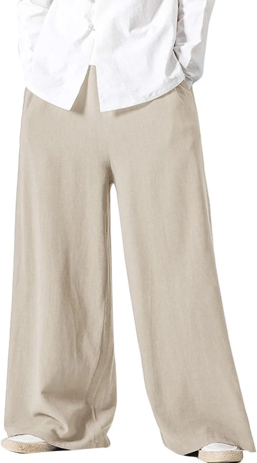Flygo Mens Linen Pants Casual Wide Leg Baggy Pants Summer Cotton Elastic Waist Yoga Beach Palazzo Trousers