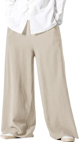 Flygo Mens Linen Pants Casual Wide Leg Baggy Pants Summer Cotton Elastic Waist Yoga Beach Palazzo Trousers