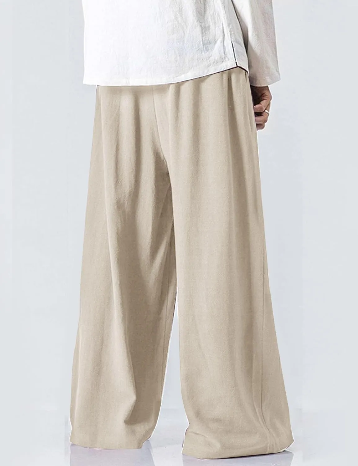 Flygo Mens Linen Pants Casual Wide Leg Baggy Pants Summer Cotton Elastic Waist Yoga Beach Palazzo Trousers