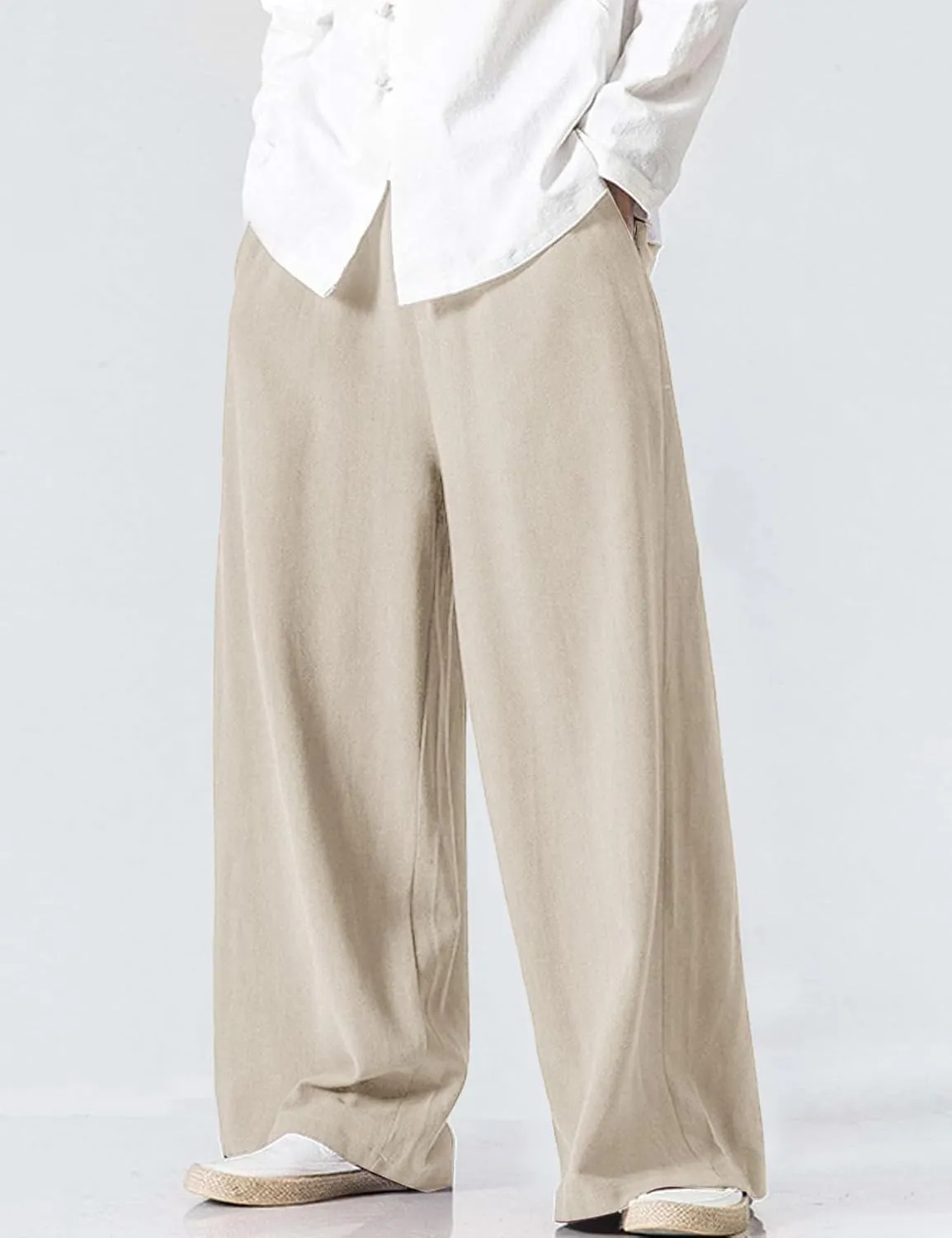 Flygo Mens Linen Pants Casual Wide Leg Baggy Pants Summer Cotton Elastic Waist Yoga Beach Palazzo Trousers