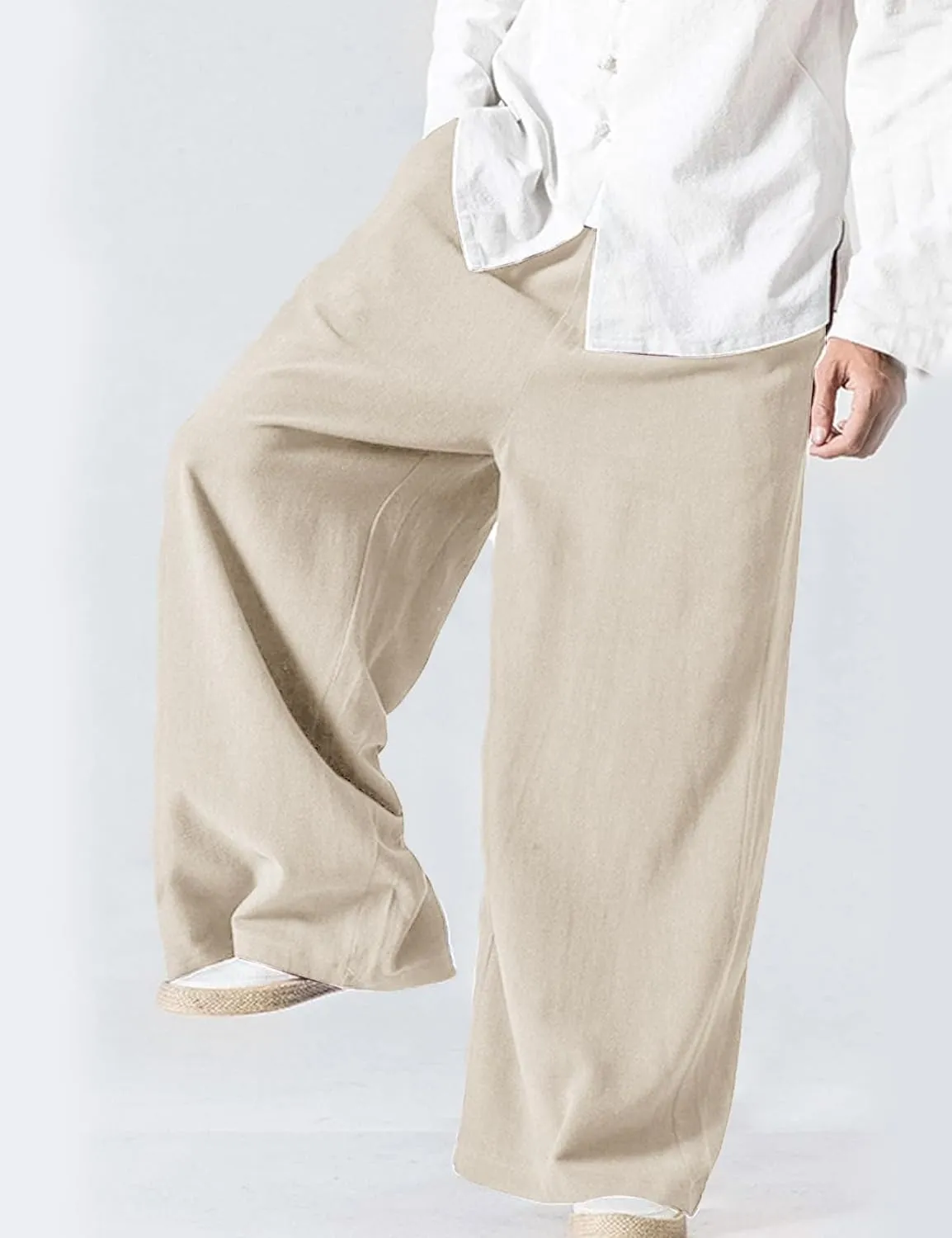Flygo Mens Linen Pants Casual Wide Leg Baggy Pants Summer Cotton Elastic Waist Yoga Beach Palazzo Trousers