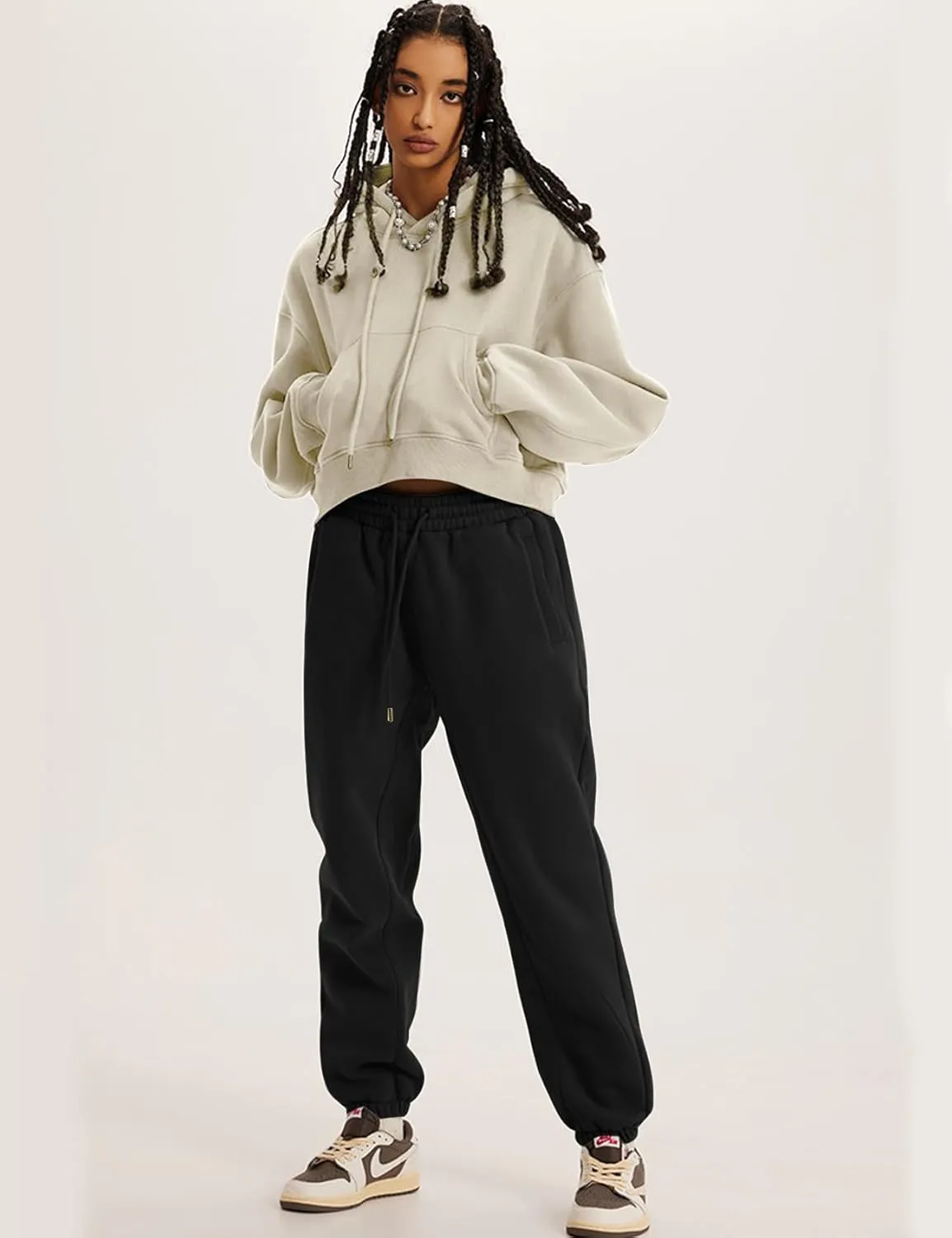 Flygo Womens Fleece Hoodie Sweatshirt Cropped Drawstring Hooded Crop Tops Pullover with Kangaroo Pocket