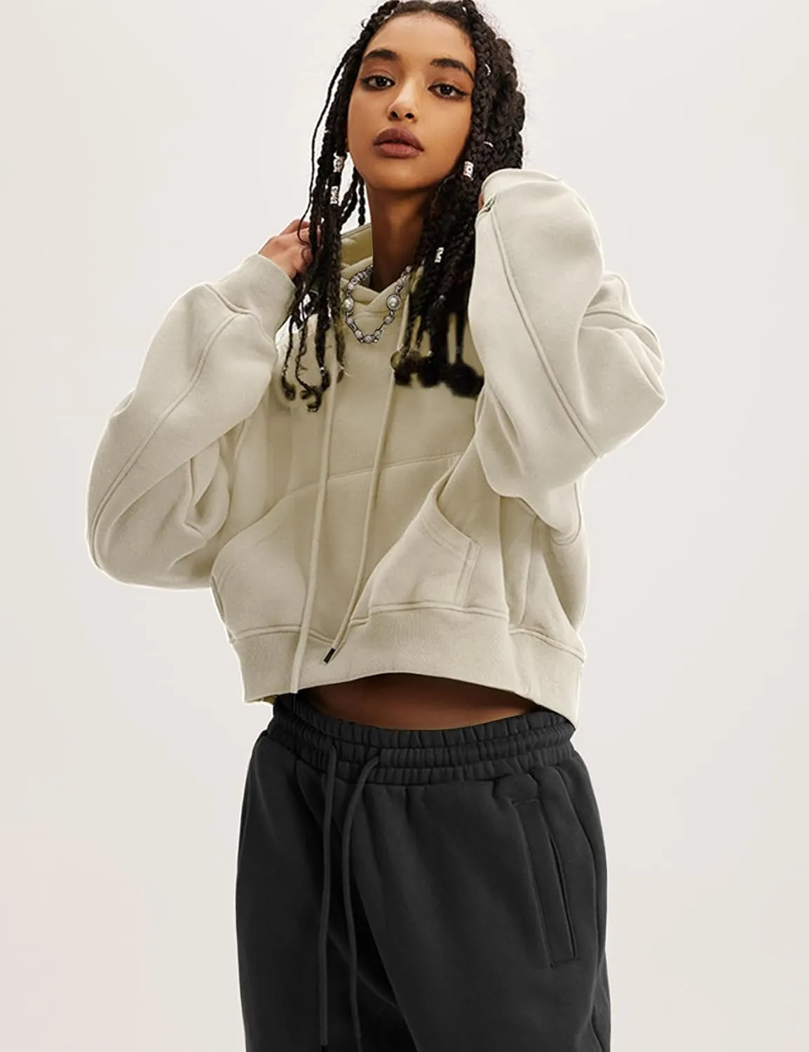 Flygo Womens Fleece Hoodie Sweatshirt Cropped Drawstring Hooded Crop Tops Pullover with Kangaroo Pocket
