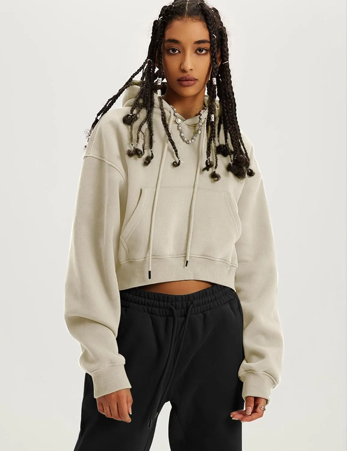Flygo Womens Fleece Hoodie Sweatshirt Cropped Drawstring Hooded Crop Tops Pullover with Kangaroo Pocket