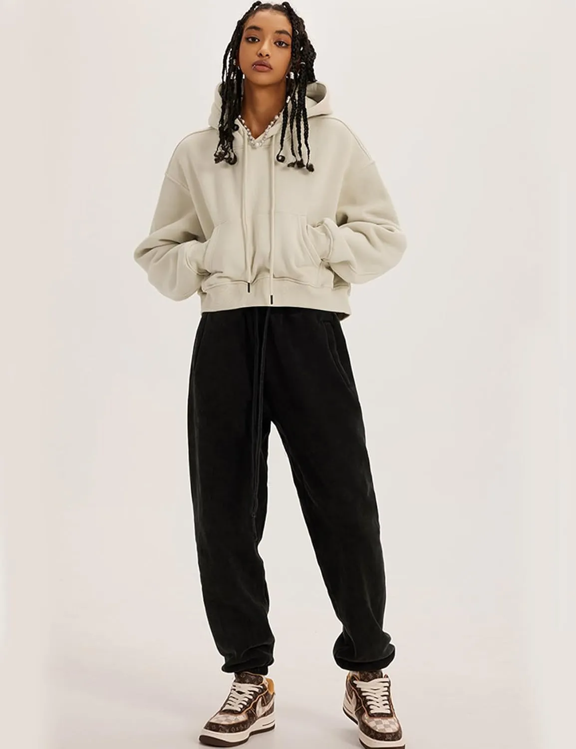 Flygo Womens Fleece Hoodie Sweatshirt Cropped Drawstring Hooded Crop Tops Pullover with Kangaroo Pocket