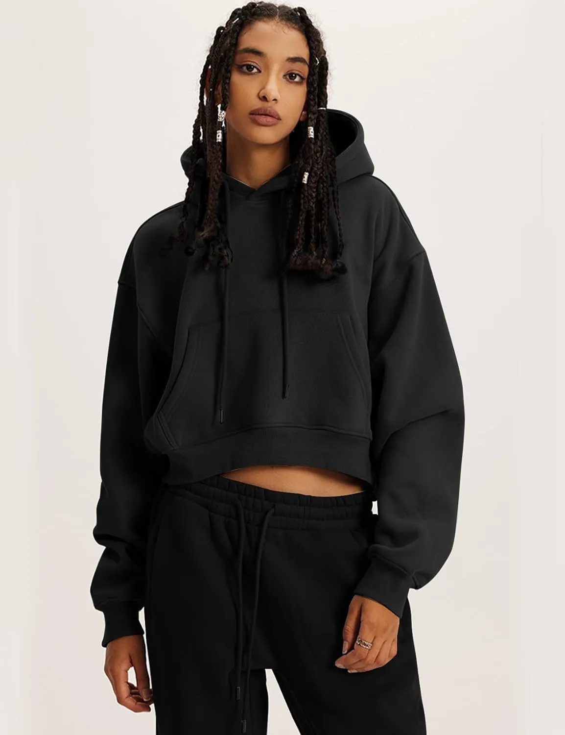 Flygo Womens Fleece Hoodie Sweatshirt Cropped Drawstring Hooded Crop Tops Pullover with Kangaroo Pocket