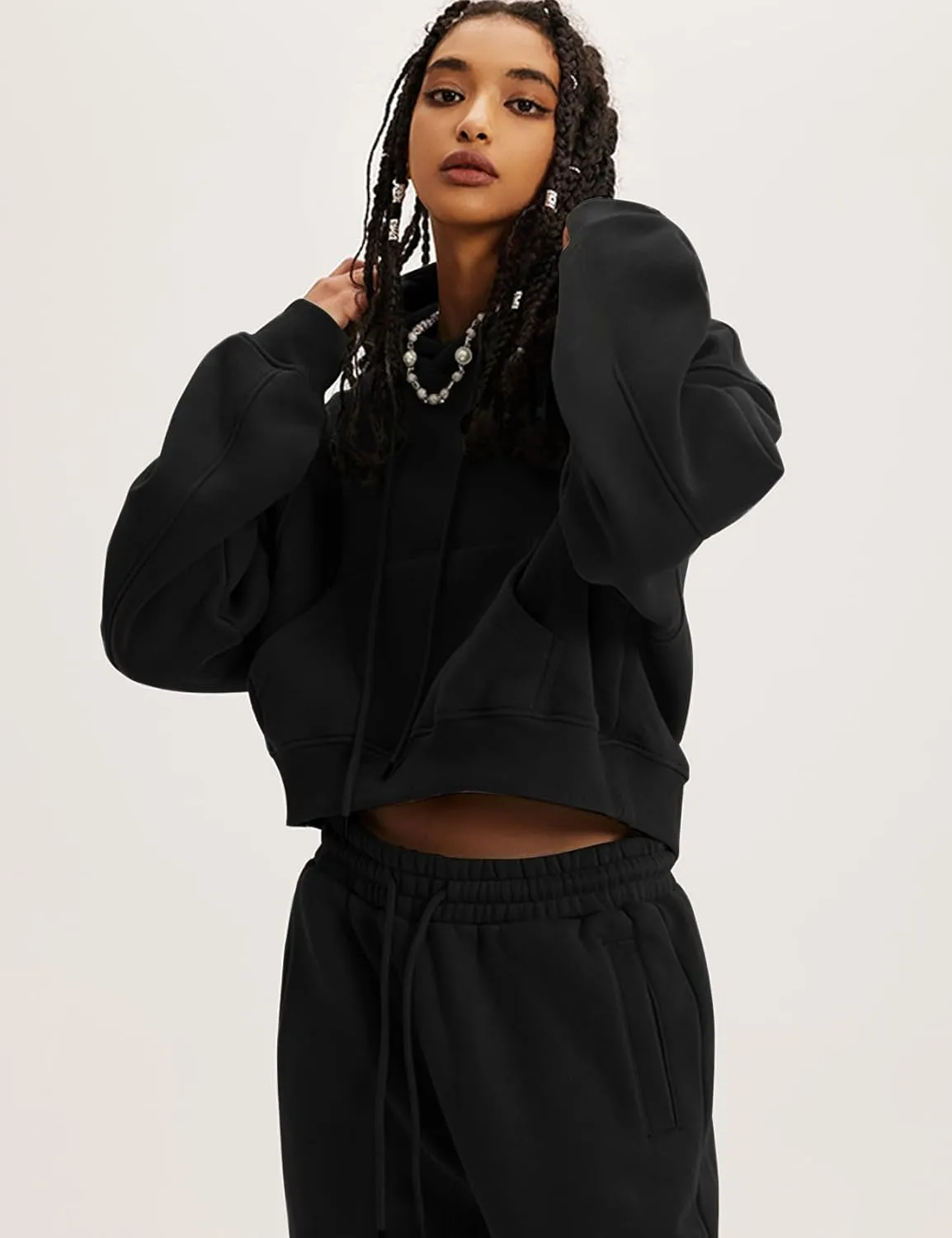 Flygo Womens Fleece Hoodie Sweatshirt Cropped Drawstring Hooded Crop Tops Pullover with Kangaroo Pocket