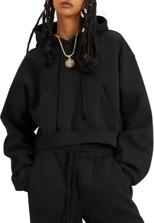 Flygo Womens Fleece Hoodie Sweatshirt Cropped Drawstring Hooded Crop Tops Pullover with Kangaroo Pocket