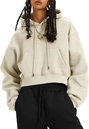 Flygo Womens Fleece Hoodie Sweatshirt Cropped Drawstring Hooded Crop Tops Pullover with Kangaroo Pocket