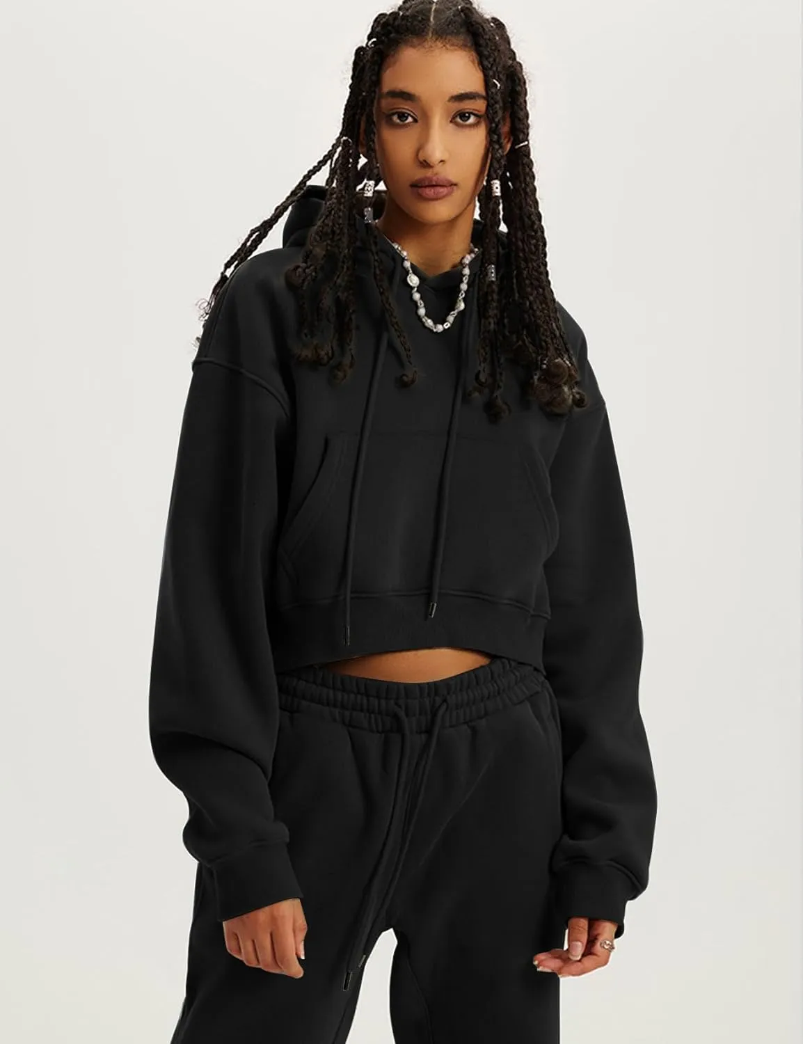 Flygo Womens Fleece Hoodie Sweatshirt Cropped Drawstring Hooded Crop Tops Pullover with Kangaroo Pocket