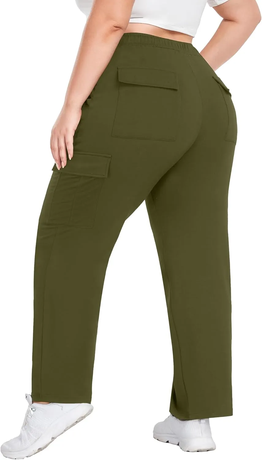 FOREYOND Plus Size Women's Cargo Sweatpants Casual Straight Leg Lounge Pants Drawstring High Waist Joggers with Pockets