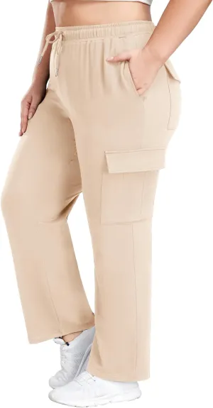 FOREYOND Plus Size Women's Cargo Sweatpants Casual Straight Leg Lounge Pants Drawstring High Waist Joggers with Pockets