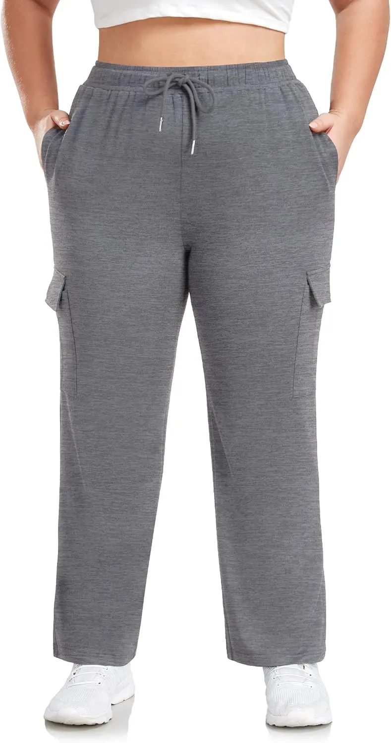 FOREYOND Plus Size Women's Cargo Sweatpants Casual Straight Leg Lounge Pants Drawstring High Waist Joggers with Pockets
