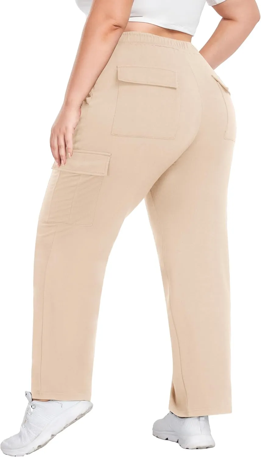FOREYOND Plus Size Women's Cargo Sweatpants Casual Straight Leg Lounge Pants Drawstring High Waist Joggers with Pockets