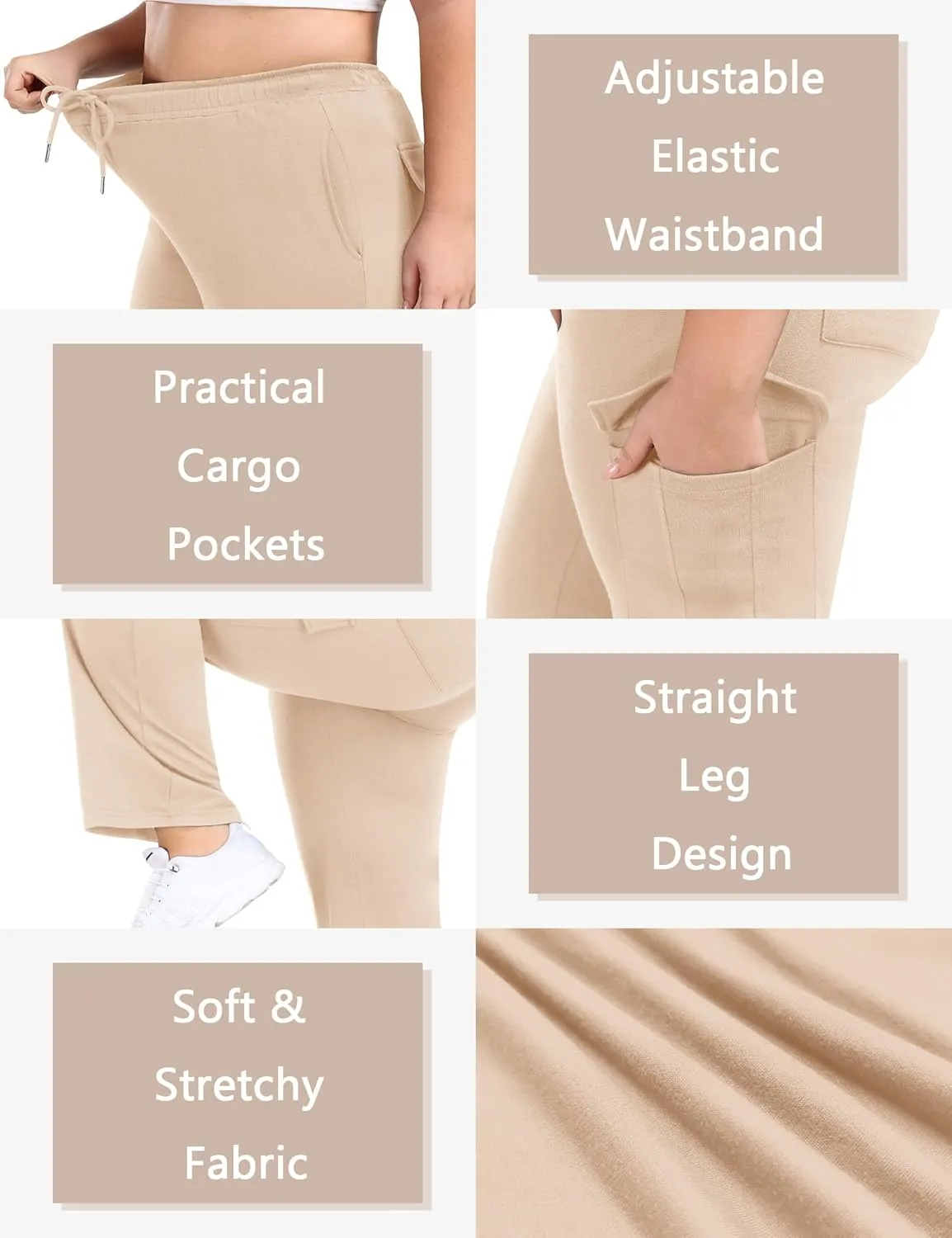 FOREYOND Plus Size Women's Cargo Sweatpants Casual Straight Leg Lounge Pants Drawstring High Waist Joggers with Pockets