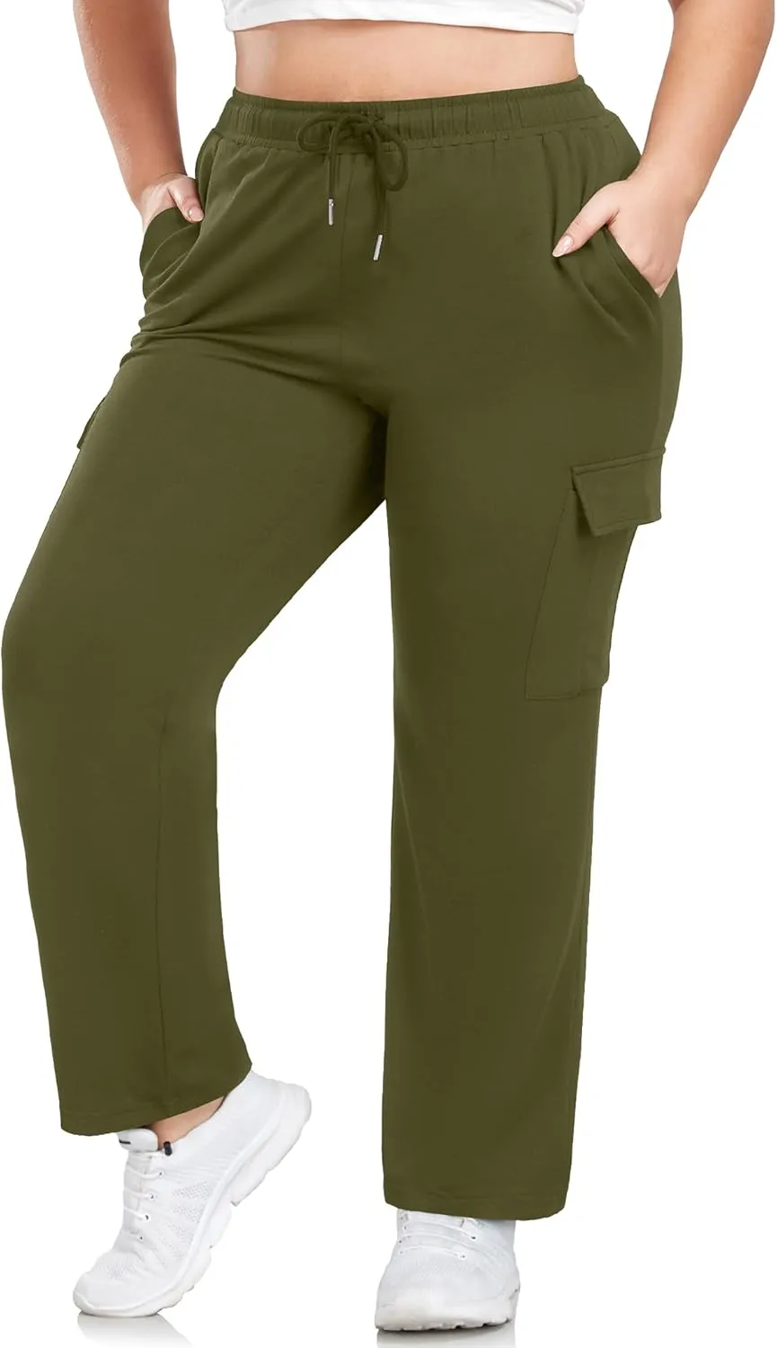 FOREYOND Plus Size Women's Cargo Sweatpants Casual Straight Leg Lounge Pants Drawstring High Waist Joggers with Pockets