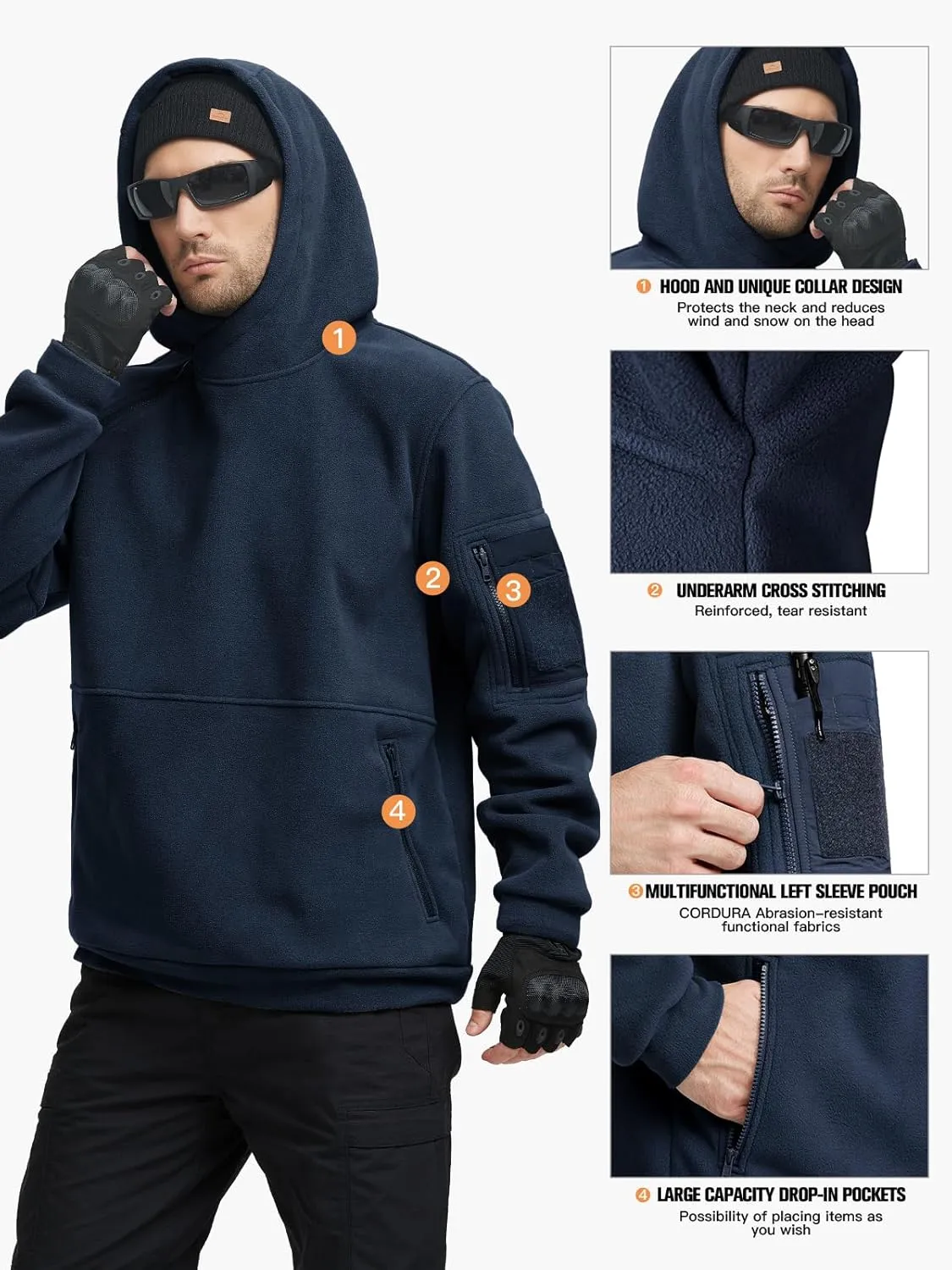 FREE SOLDIER Men's Tactical Winter Fleece Pullover Hoodie Warm Long Fleece lined Hooded Sweatshirt