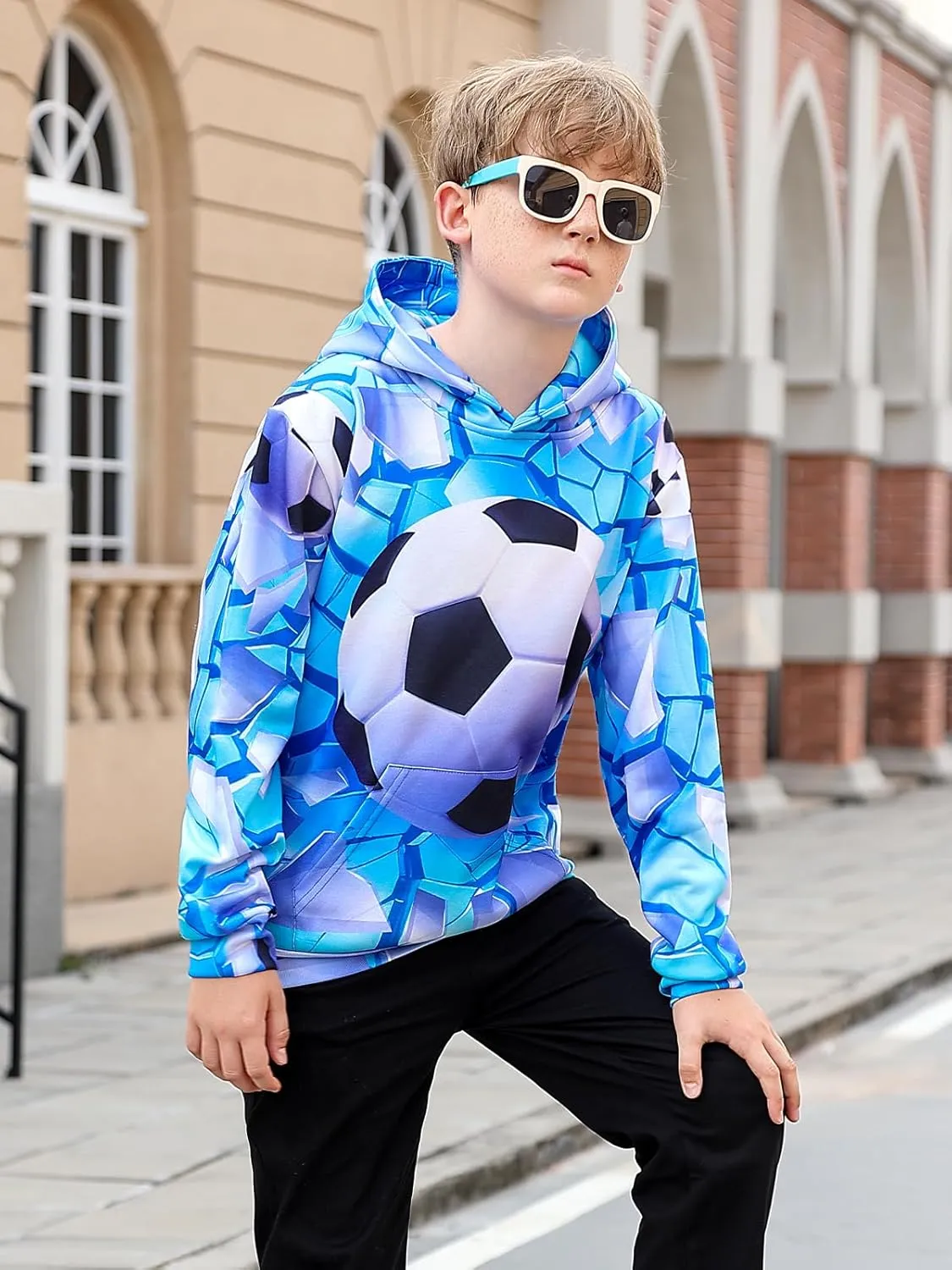 Funnycokid Boys Hoodies Kids Sweatshirts Warm Youth Girls Graphic Pullover Fleece Hooded Clothes with Pocket 5-16 Years