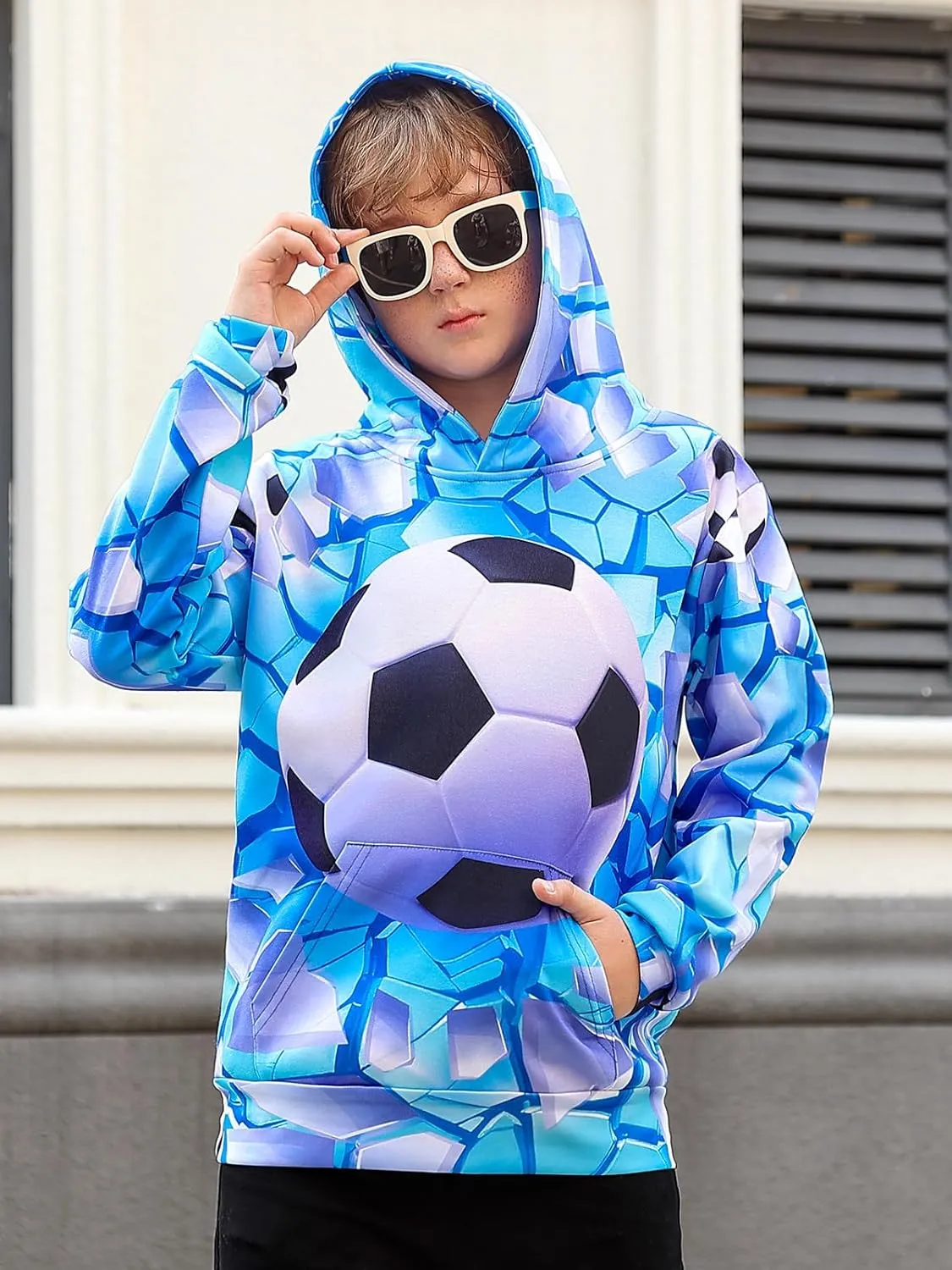 Funnycokid Boys Hoodies Kids Sweatshirts Warm Youth Girls Graphic Pullover Fleece Hooded Clothes with Pocket 5-16 Years