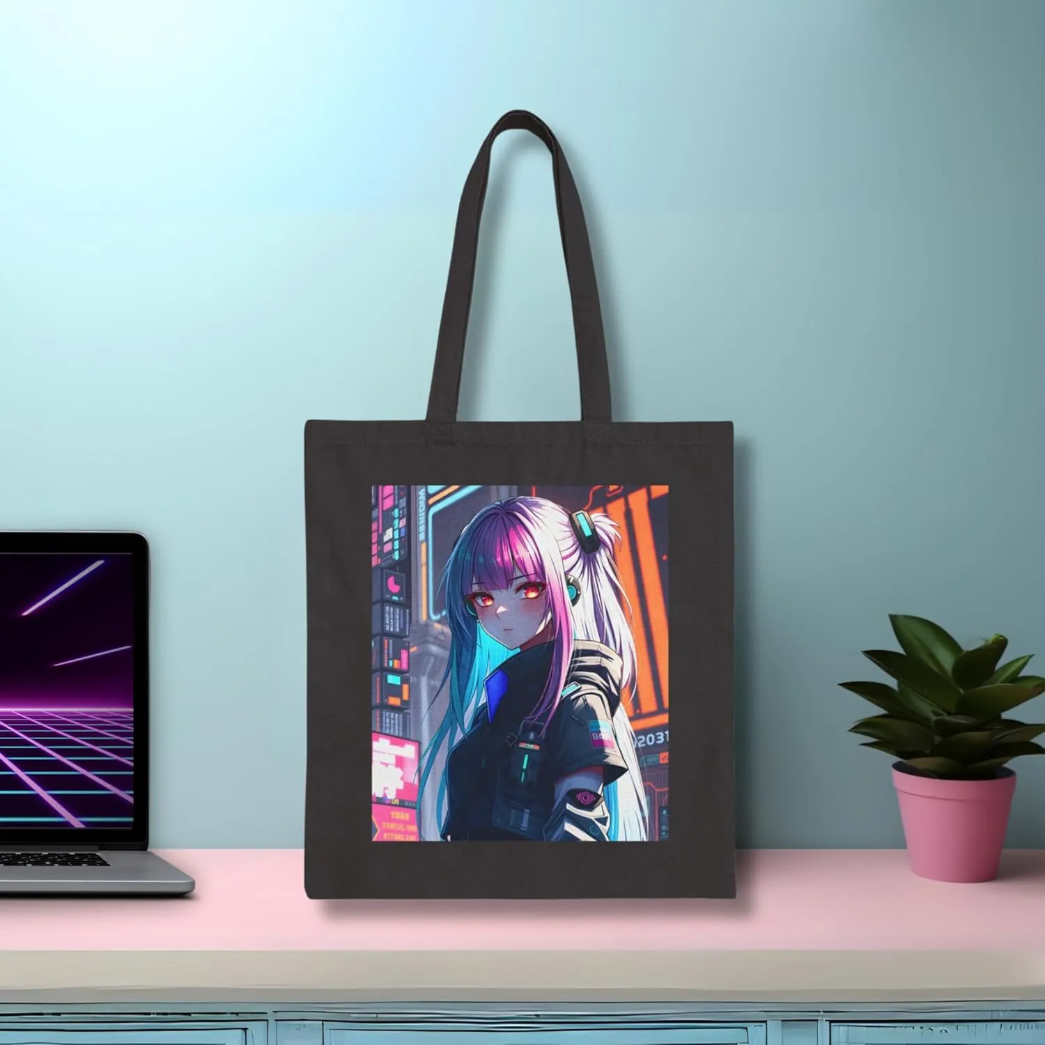 Gaming Anime Tote Bag - Cotton Canvas Tote Bag - Pink Blue Haired Girl - Shopping Bag - Anime Lover Gift - Canvas Bag - Bag