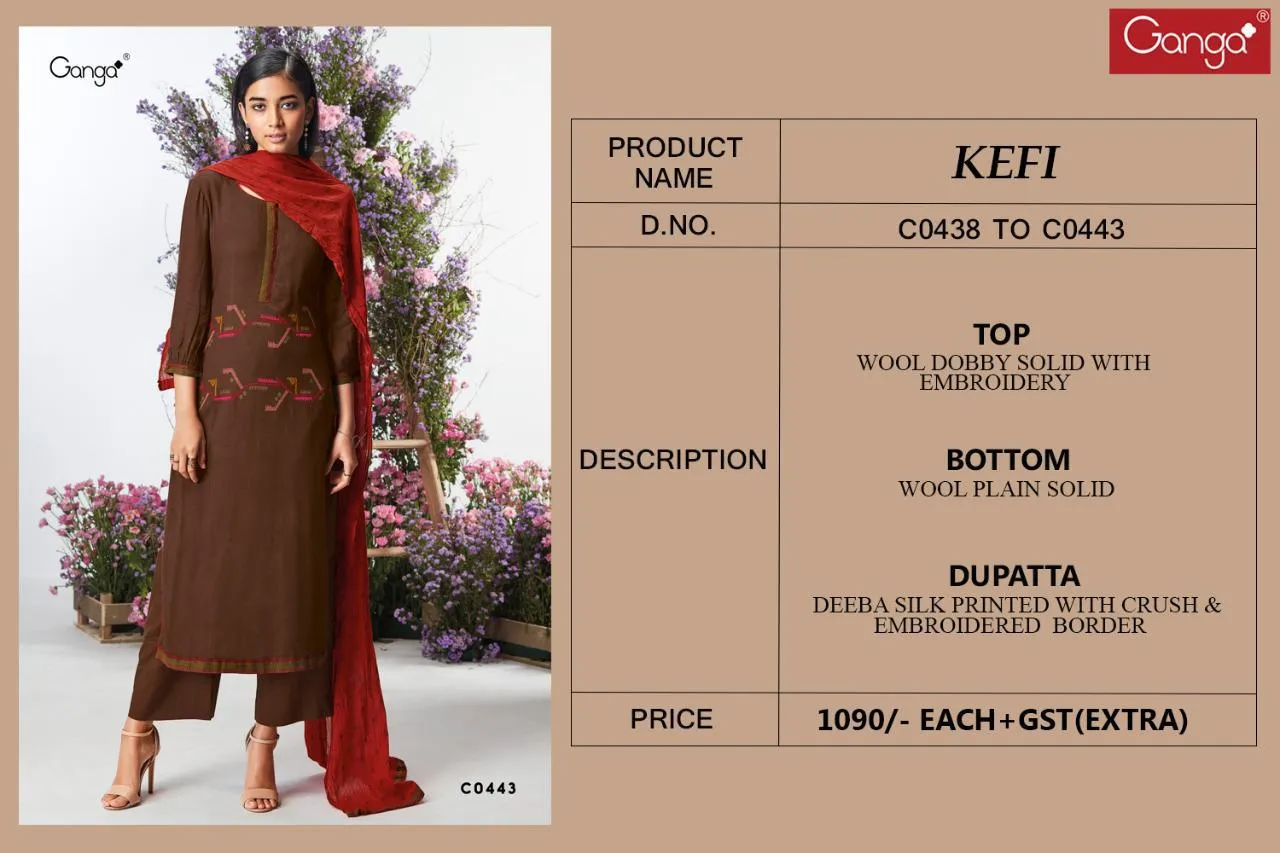 Ganga Launched Kefi Wool Dobby Embroidery Work Stylish Designer Salwar Kameez