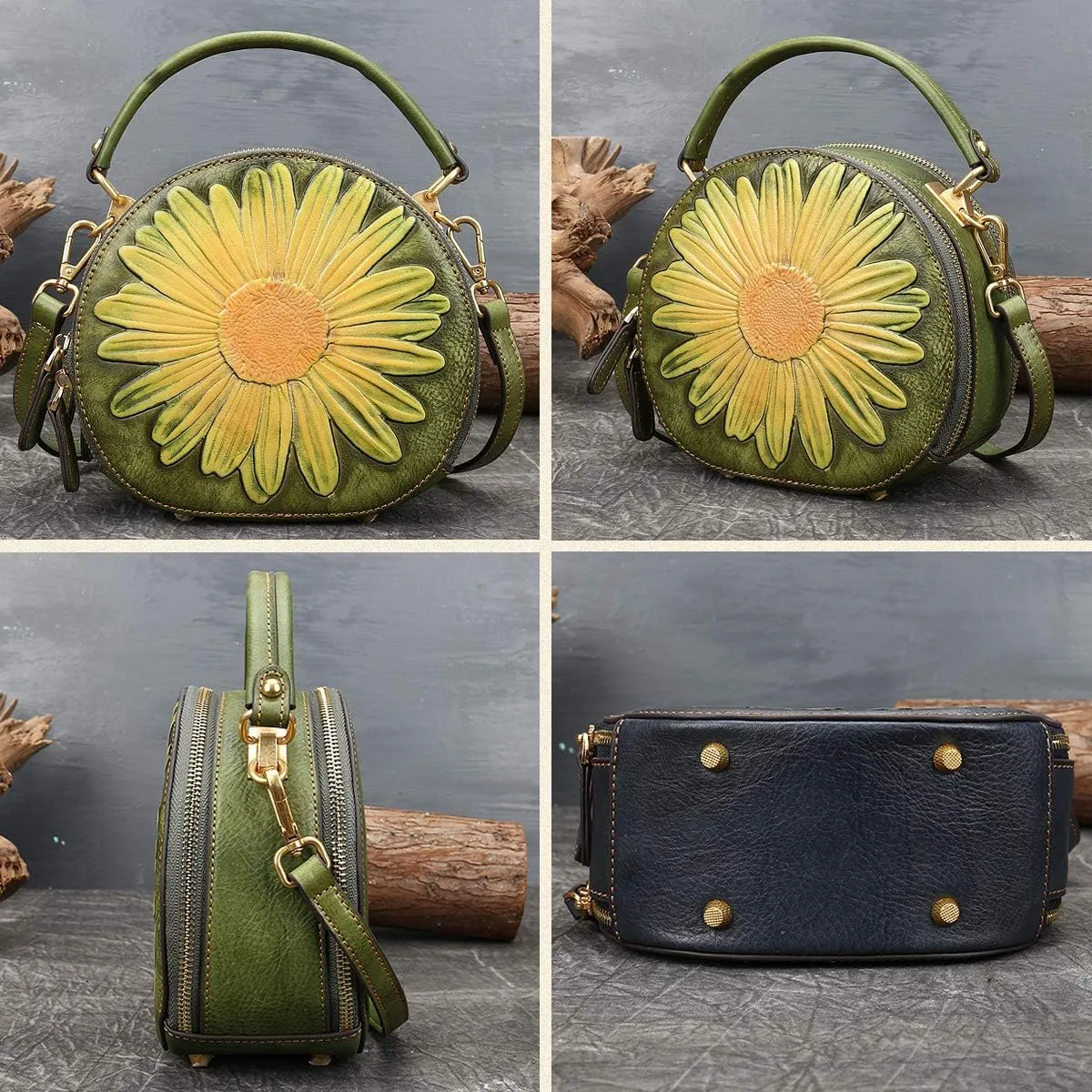 Genuine Leather Embossing Handbags for Women Vintage Cross-body Shoulder Purse Top Handle Retro Satchel Bags
