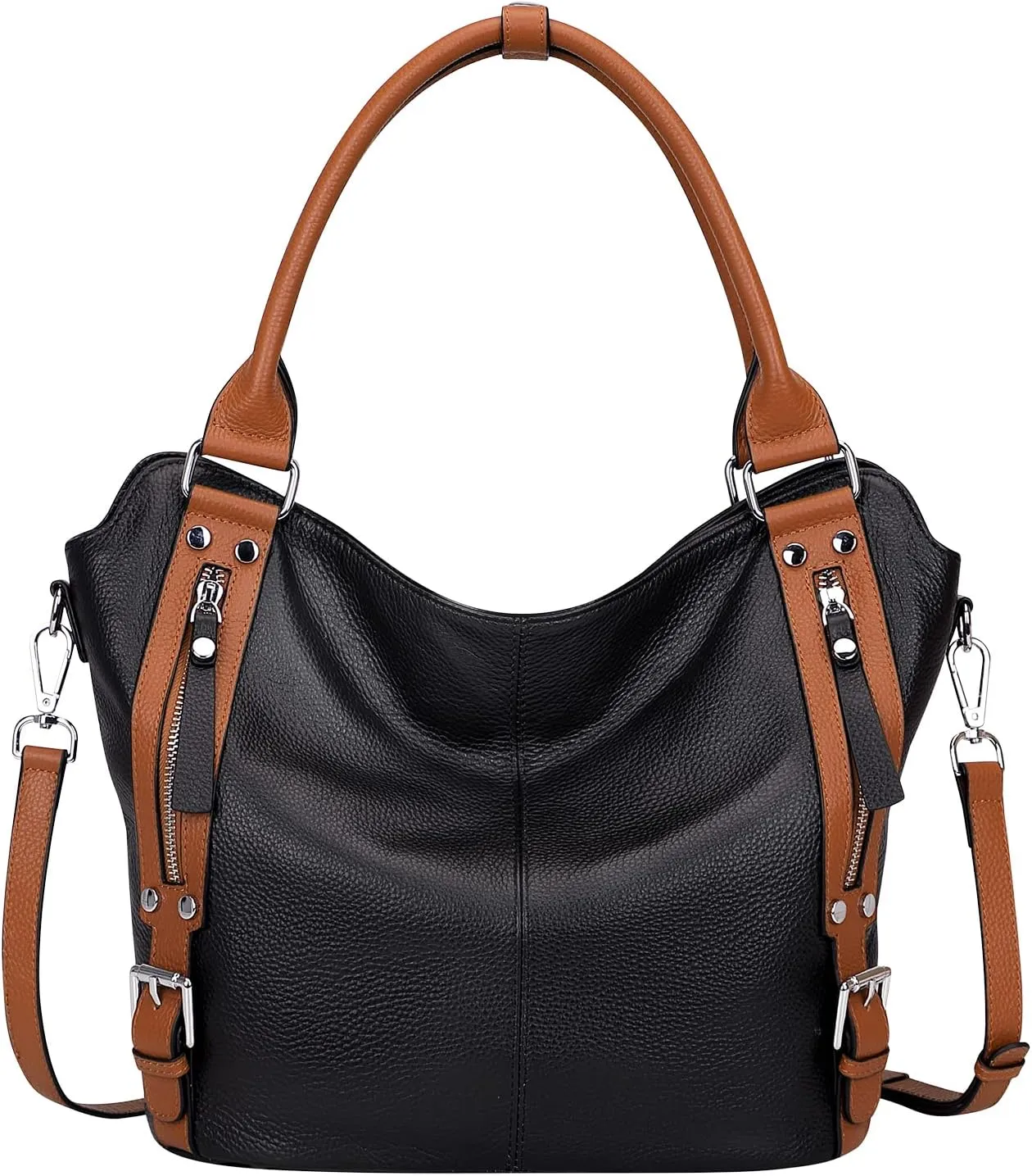 Genuine Leather Handbags for Women Hobo Shoulder Bag Ladies Leather Tote Bag(O172E Black)