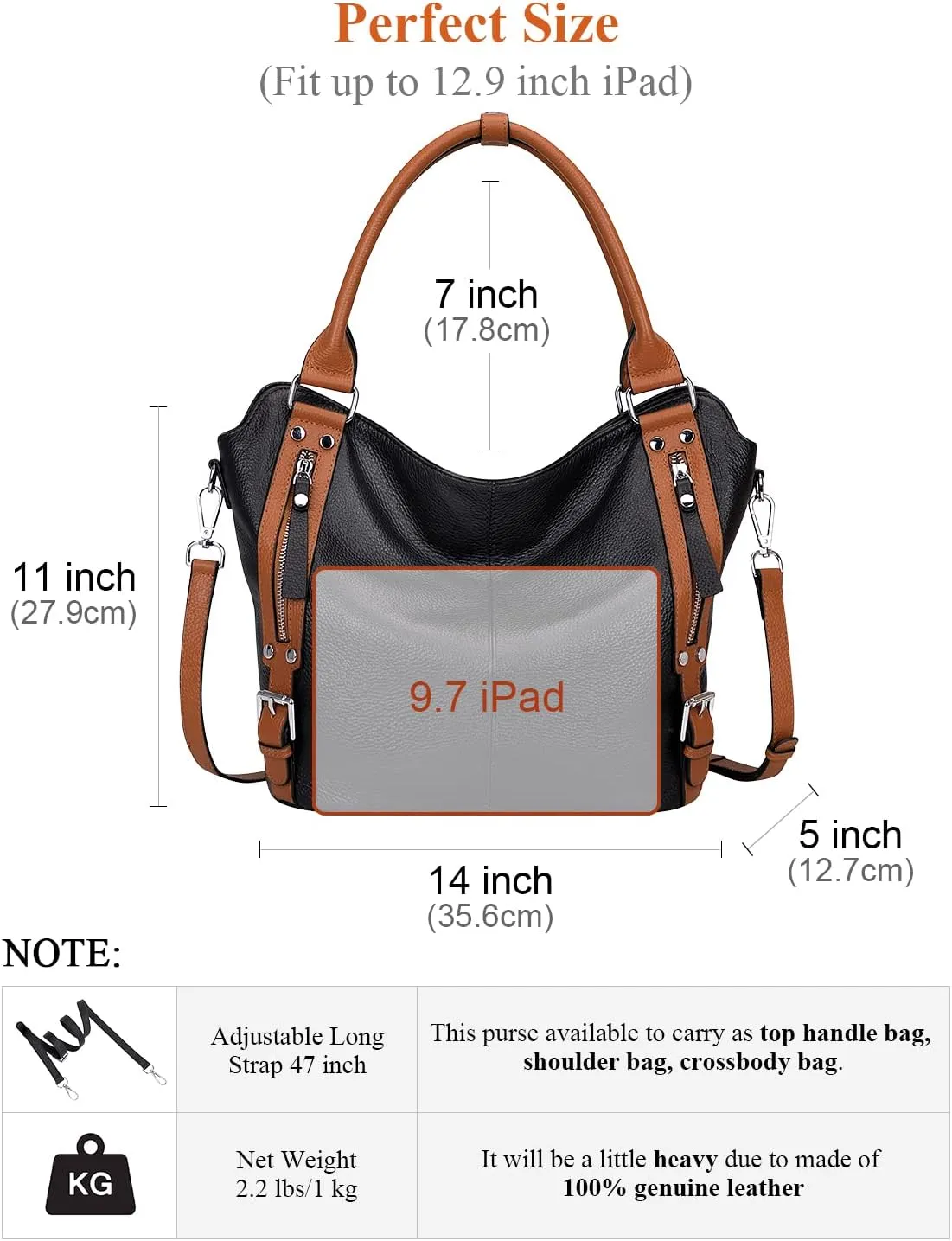 Genuine Leather Handbags for Women Hobo Shoulder Bag Ladies Leather Tote Bag(O172E Black)