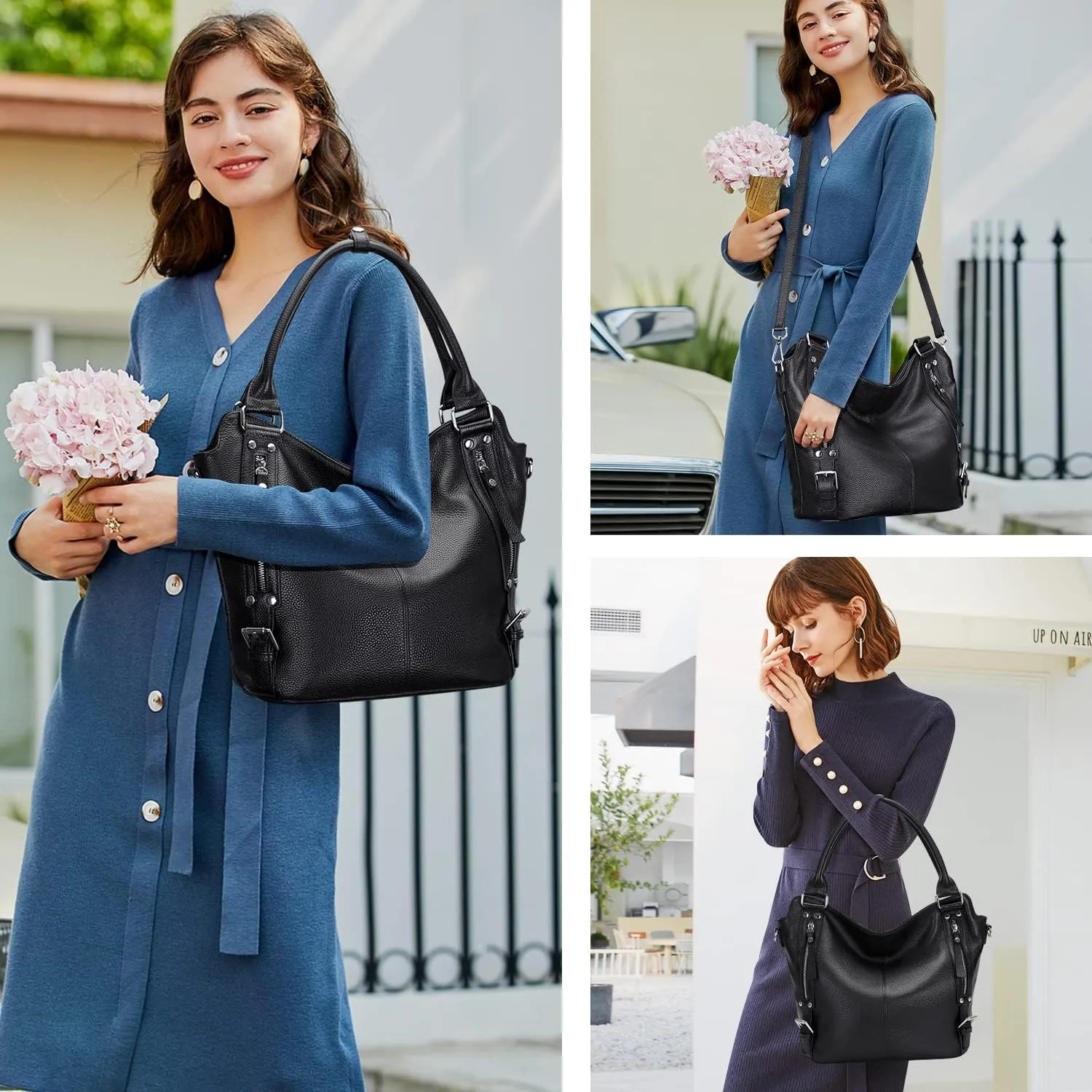 Genuine Leather Handbags for Women Hobo Shoulder Bag Ladies Leather Tote Bag(O172E Black)