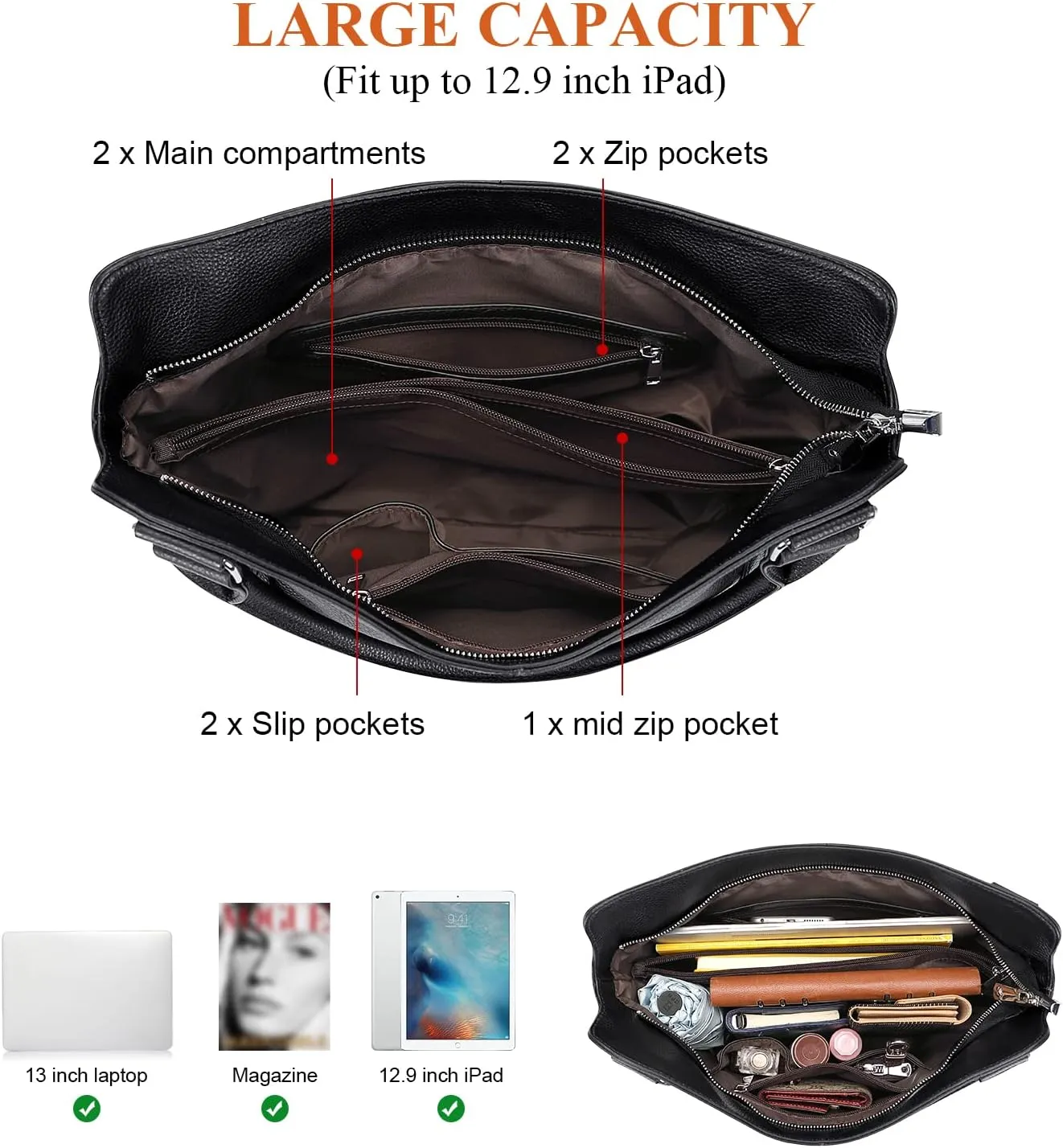 Genuine Leather Handbags for Women Hobo Shoulder Bag Ladies Leather Tote Bag(O172E Black)