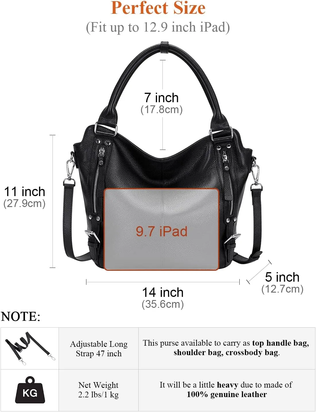 Genuine Leather Handbags for Women Hobo Shoulder Bag Ladies Leather Tote Bag(O172E Black)