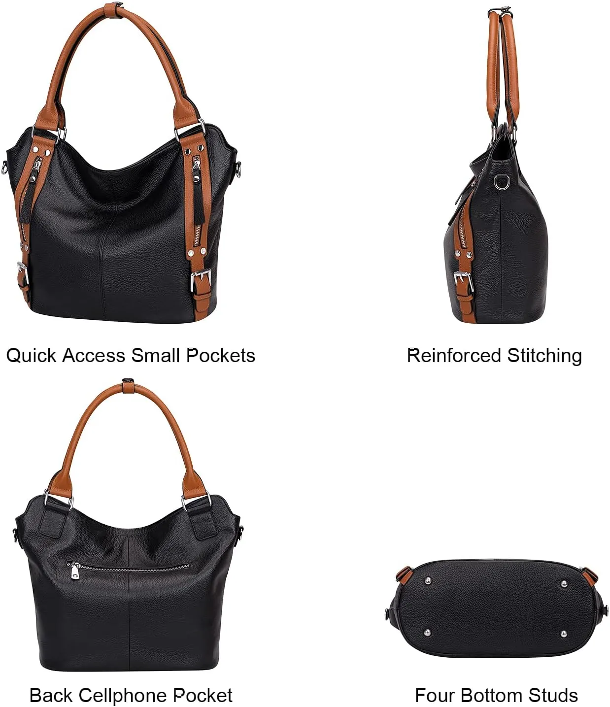 Genuine Leather Handbags for Women Hobo Shoulder Bag Ladies Leather Tote Bag(O172E Black)