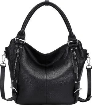 Genuine Leather Handbags for Women Hobo Shoulder Bag Ladies Leather Tote Bag(O172E Black)