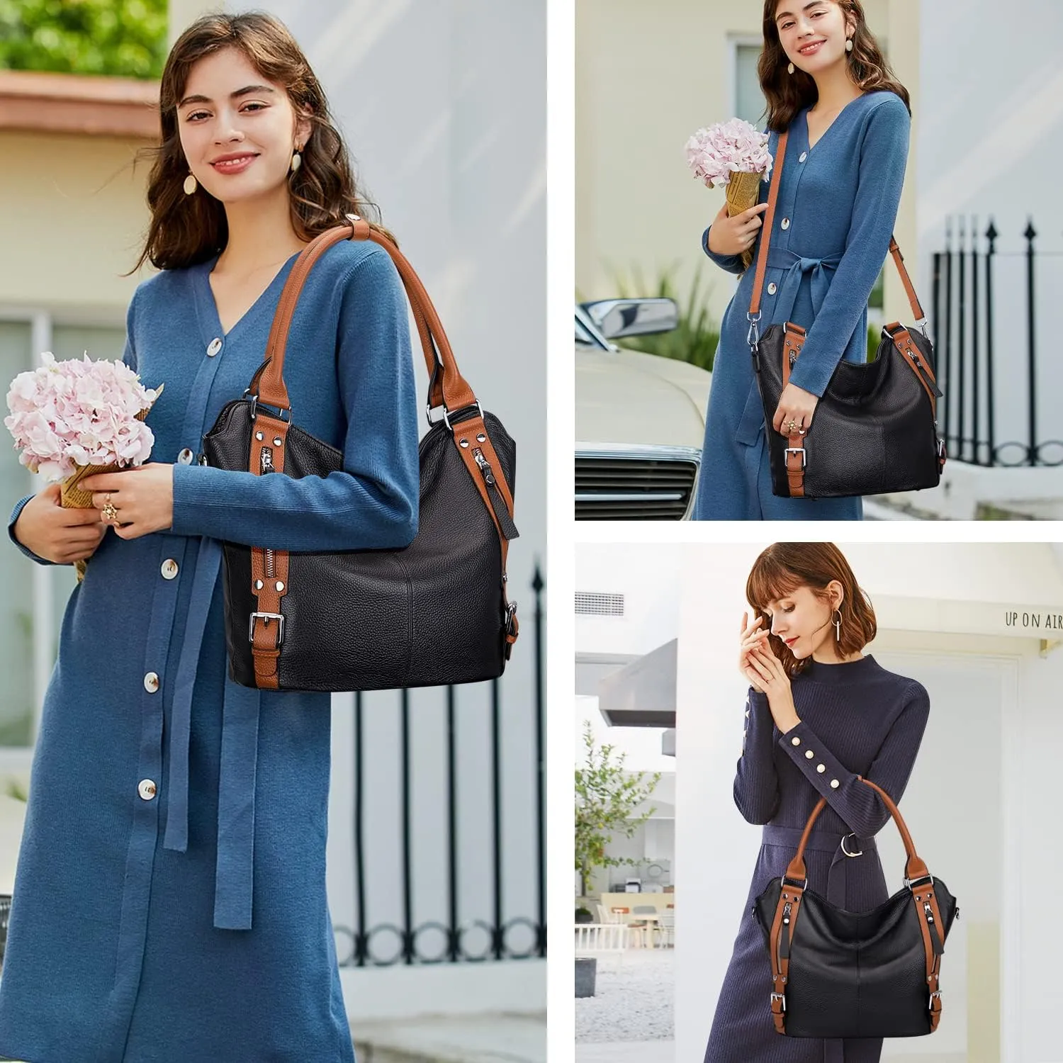 Genuine Leather Handbags for Women Hobo Shoulder Bag Ladies Leather Tote Bag(O172E Black)